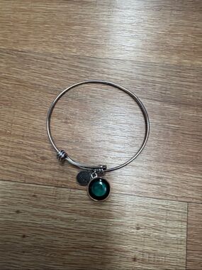 Silver Bangle Bracelet with Dark Green Glass Charm